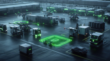 A logistics center where drones and autonomous vehicles are controlled by neon green holographic interfacesの素材
