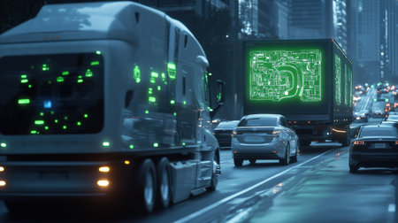 A self-driving truck navigating through a futuristic city guided by glowing green holographic route signsの素材