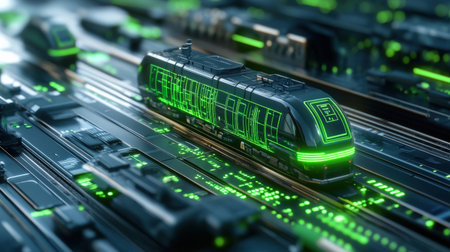 A futuristic cargo train using neon green holographic sensors to navigate through an AI-managed transportation systemの素材