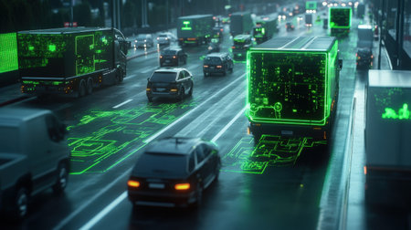 A smart transportation network where self-driving cars and trucks are controlled by neon green holographic systemsの素材