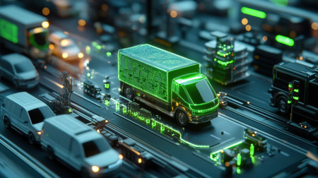 A smart transportation network where self-driving cars and trucks are controlled by neon green holographic systemsの素材