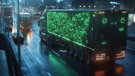 A self-driving truck navigating through a futuristic city guided by glowing green holographic route signsの素材