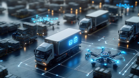 A futuristic logistics hub with neon blue holograms guiding autonomous trucks and drones for package deliveryの素材