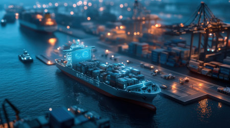 A drone view of a futuristic cargo ship using neon blue holographic sensors for docking at a smart portの素材