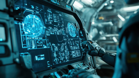 A ship control panel with neon blue holograms showing the route, weather, and docking instructionsの素材