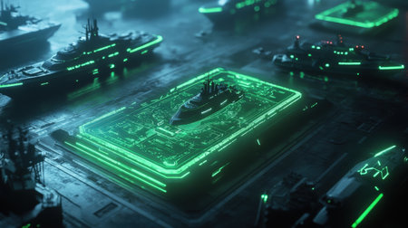 A futuristic shipyard where autonomous vessels are controlled by neon green holographic navigation displaysの素材