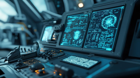 A ship control panel with neon blue holograms showing the route, weather, and docking instructionsの素材