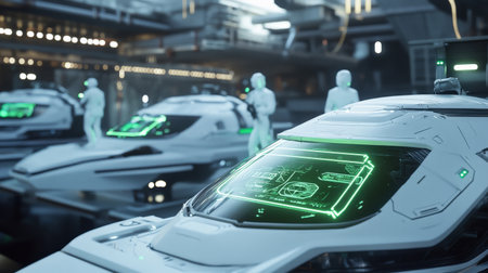 A futuristic shipyard where autonomous vessels are controlled by neon green holographic navigation displaysの素材