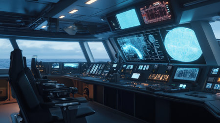 A cargo ship control room with floating neon blue holograms displaying route data and cargo statusの素材