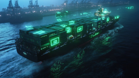 A futuristic cargo ship being guided into port by neon green holographic signals displayed in the airの素材