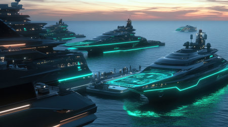 A futuristic marina where boats dock using neon green holographic displays projected in mid-airの素材