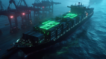 A futuristic cargo ship being guided into port by neon green holographic signals displayed in the airの素材
