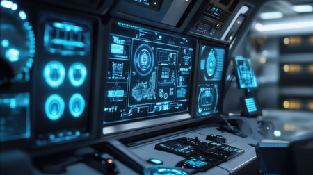 A cargo ship control room with floating neon blue holograms displaying route data and cargo statusの素材