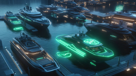 A futuristic marina where boats dock using neon green holographic displays projected in mid-airの素材