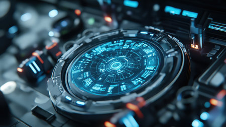 A close-up of a ship dashboard, showing neon blue holographic route data for smart navigationの素材