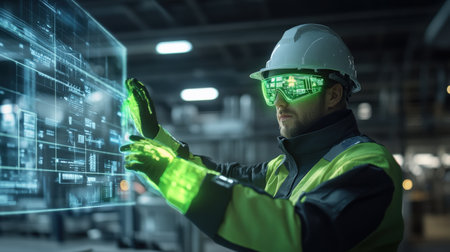 An engineer using a holographic interface to track real-time shipping logistics in glowing neon greenの素材