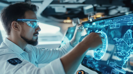 A captain steering a futuristic ship through neon blue holographic maps of global sea routesの素材