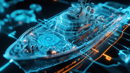 A digital holographic map displaying shipping routes for an autonomous vessel in glowing blue shadesの素材