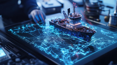 A digital holographic map displaying shipping routes for an autonomous vessel in glowing blue shadesの素材