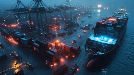 A fleet of futuristic autonomous cargo vessels traveling through neon-lit waters, guided by hologramsの素材