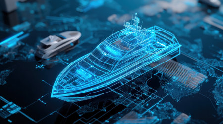 An autonomous boat navigating through a digital holographic map of waterways displayed in neon blueの素材