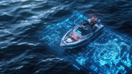 An autonomous boat navigating through a digital holographic map of waterways displayed in neon blueの素材