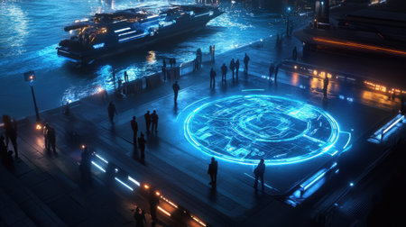 A sci-fi waterway where futuristic ferries are guided by neon blue holographic maps in the harborの素材