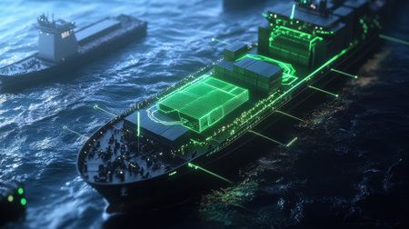 An autonomous cargo ship being guided by neon green holographic signals in a futuristic shipping laneの素材