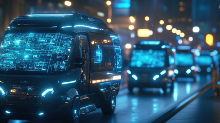 A fleet of driverless delivery vans navigating a smart city using neon blue holographic route dataの素材