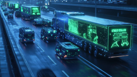 A futuristic land transportation system with driverless trucks and neon green holographic signs guiding their routesの素材