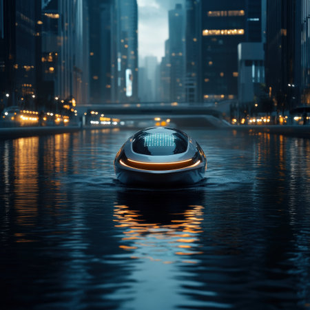 A futuristic ferry navigating through a smart city harbor, with holographic blue route data projectedの素材