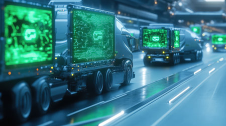 A futuristic land transportation system with driverless trucks and neon green holographic signs guiding their routesの素材