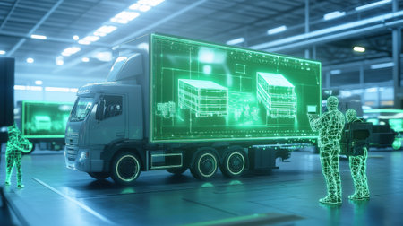 A futuristic logistics center where engineers control autonomous cargo trucks through neon green hologramsの素材