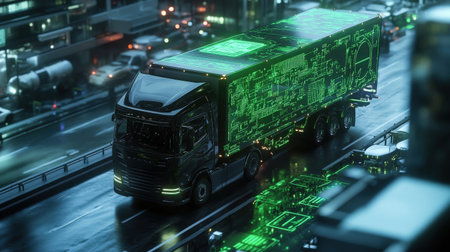 A self-driving truck navigating through a futuristic city guided by glowing green holographic route signsの素材
