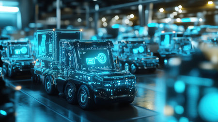 A control room filled with neon blue holograms managing an entire fleet of autonomous land transportation vehiclesの素材