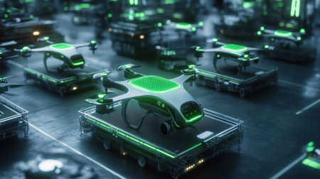 A logistics center where drones and autonomous vehicles are controlled by neon green holographic interfacesの素材