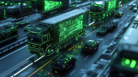 A smart transportation network where self-driving cars and trucks are controlled by neon green holographic systemsの素材