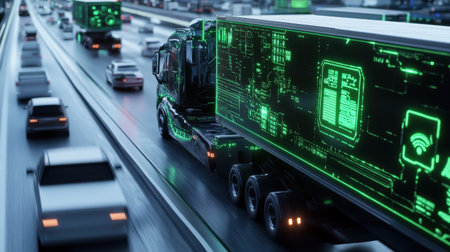 A futuristic highway with neon green holographic signs guiding driverless cargo trucks and vehiclesの素材