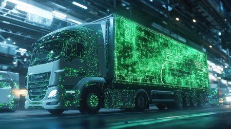 A self-driving truck navigating through a futuristic city guided by glowing green holographic route signsの素材