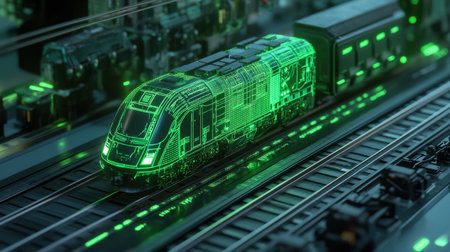 A futuristic cargo train using neon green holographic sensors to navigate through an AI-managed transportation systemの素材