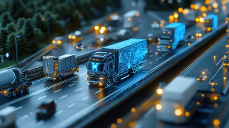 A futuristic smart road with driverless trucks guided by neon blue holographic maps projected onto the highwayの素材