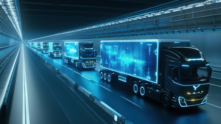 A fleet of autonomous cargo trucks navigating a futuristic highway lit by neon blue hologramsの素材