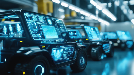 A control room filled with neon blue holograms managing an entire fleet of autonomous land transportation vehiclesの素材