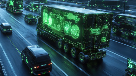 A futuristic highway with neon green holographic signs guiding driverless cargo trucks and vehiclesの素材