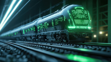 A futuristic cargo train using neon green holographic sensors to navigate through an AI-managed transportation systemの素材