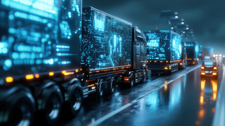 A smart highway filled with self-driving trucks guided by floating blue holographic traffic data displaysの素材