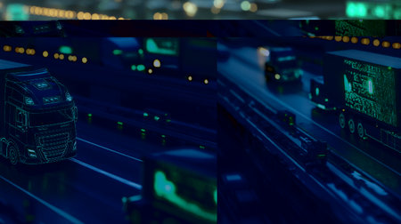 A futuristic highway lit by neon green holographic signs showing real-time traffic data for autonomous trucksの素材