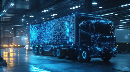 A driverless cargo truck scanning its surroundings with holographic sensors projected in neon blueの素材