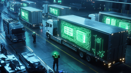 A futuristic logistics hub where autonomous trucks are directed by floating neon green hologramsの素材