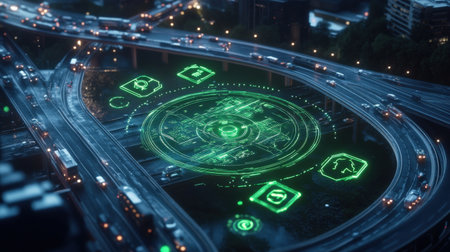 A sci-fi control center monitoring a network of autonomous vehicles using neon green holographic mapsの素材